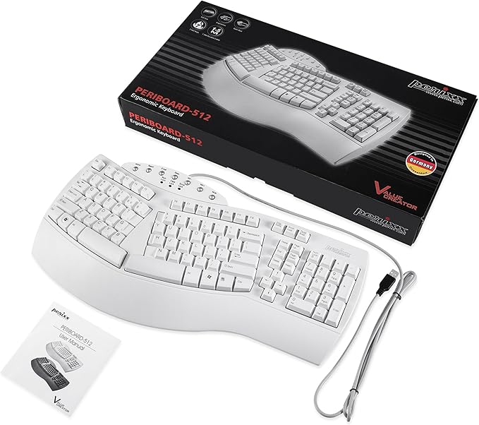 Perixx PERIBOARD-512W Periboard-512 Ergonomic Split Keyboard - Natural Ergonomic Design - White - Bulky Size 19.09"X9.29"X1.73", US English Layout - Image 6