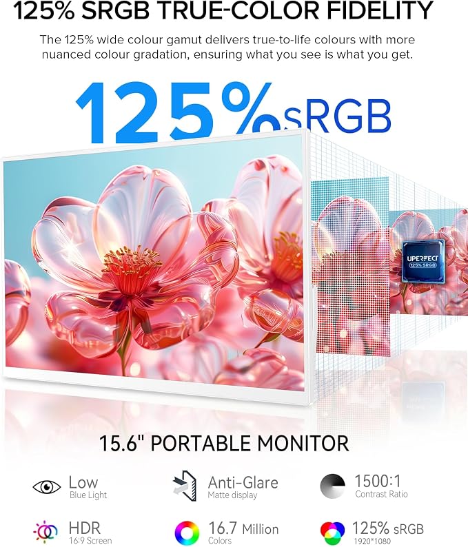 UPERFECT Portable Monitor 15.6", 125% sRGB 1080P Laptop Monitor (White) | Ultra-Slim Display, USB-C & MINI HDMI, 350 Nits, VESA & Case, Travel Small Second Screen for Computer, Mini PC, Game Consoles - Image 2