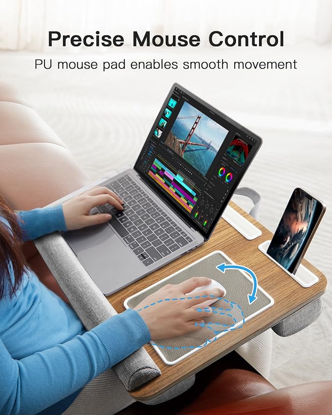 HUANUO Lap Desk - Fits up to 17 inches Laptop Desk, Built in Mouse Pad & Wrist Pad for Notebook, Laptop, Tablet, Lap Stand with Tablet, Pen & Phone Holder, Brown Woodgrain - Image 3