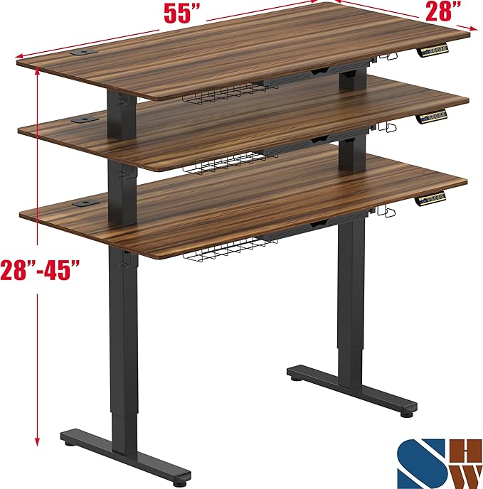 SHW 55 x 28 Electric Height Adjustable Standing Desk w/Drawer, Walnut | w/ Memory Presets and Cable Management | Drawer with adjustable compartments | Hanging Hooks - Image 3