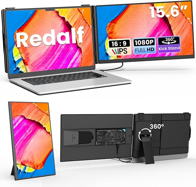 Laptop Screen Extender 15.6", Detachable 1080P FHD Portable Monitor for Laptop , Travel Dual Monitor with 360° Rotating Stand for 13-17" Laptop, Plug & Play Compatible with Mac/Windows/Android/Chrome by Redalf
