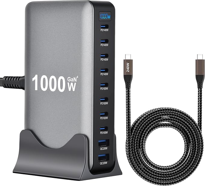 1000W 10-Port GaN 4 Desktop Charging Station with 240W 6.6 ft Data Cable - Compatible with Tablets, Phones, Laptops, Gaming Consoles, Headphones by Unknown