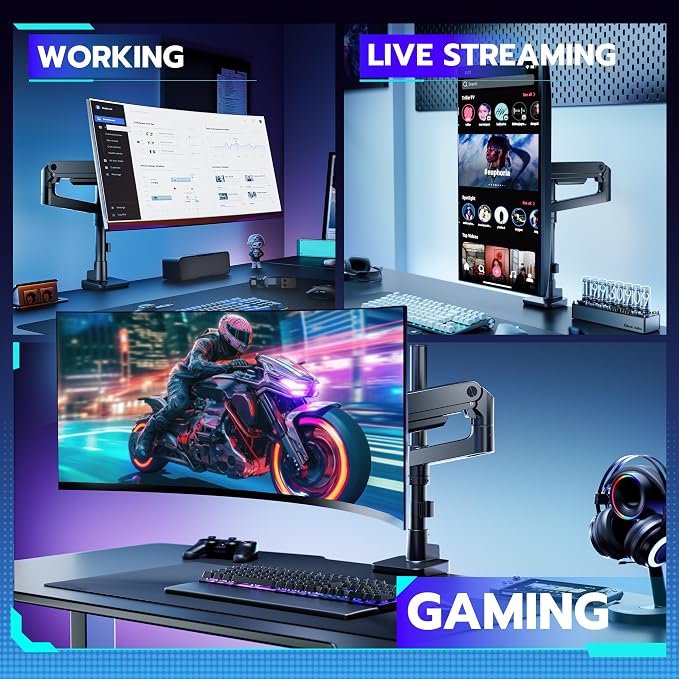 Single Monitor Arm Desk Mount for 17-49 Inch Monitors, Black | Heavy Duty Monitor Mount Stacked Monitor Arm Desk Holds 44 lbs - Image 8