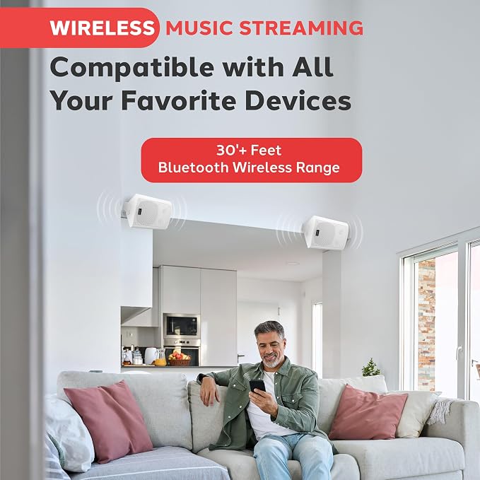 Pyle 6.5'' Marine Grade Waterproof Bluetooth Speakers with Built-in Amplifier, Indoor/Outdoor Use, Full Range Stereo, Aux Input, Rustproof, Ideal for Patio, Pool, Home Audio, White - Image 2
