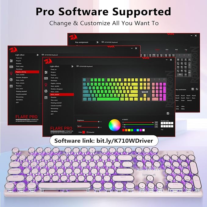 Redragon K710 Wireless Typewriter Mechanical Gaming Keyboard, Pink | Bluetooth/2.4Ghz/Wired, RGB Led Backlit, Blue Switch - Clicky, Rechargeable 4000mAh, Solid Metal Panel, Round Keycaps - Image 7