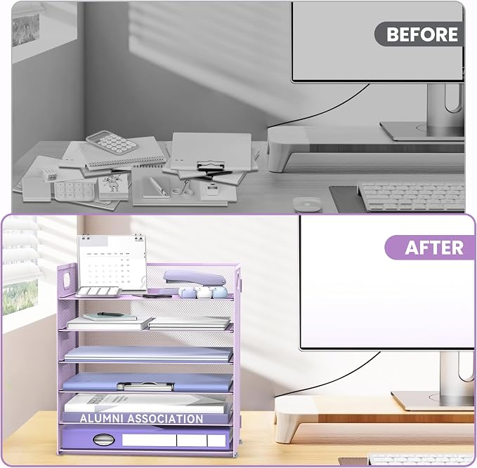 Daltack 6-Tier Paper Organizer for Desk with Handle, Purple, 2 Pack | Sturdy Metal Mesh Organizer with Movable Middle Trays and a Carry Handle for Papers, Folders and Office Supplies - Image 7