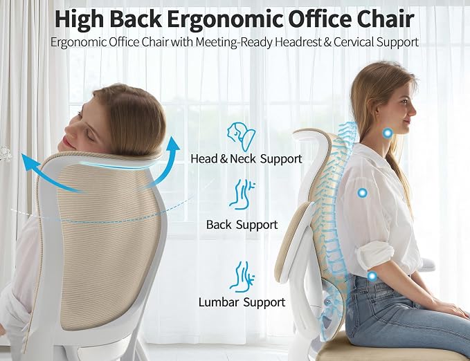 TRALT Office Chair Ergonomic Desk Chair - Gaming Chair with Lumbar Support | 330 LBS Home Office Desk Chairs , Reading Chair with Flip-up Armrests, Comfortable Computer Chairs (1, Beige) - Image 5