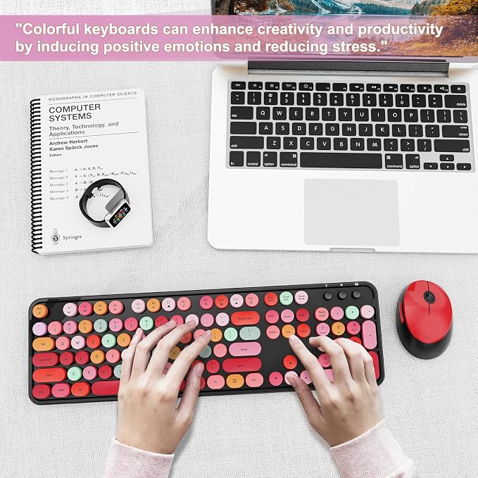 Wireless Keyboard and Mouse Combo, Ergonomic Full Size Typewriter Retro Round Keycaps Keyboard, Compatible with Windows, PC, Perfer for Home and Office Keyboards (Red - Image 7