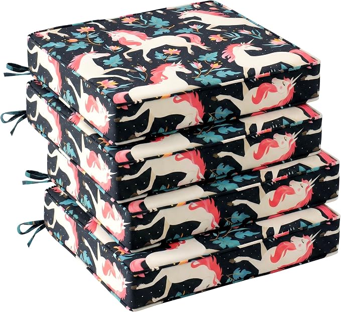 UNIKOME Outdoor Chair Cushions Set of 4, Water Resistant Patio Seat Cushions with Ties for Outdoor Furniture, High-Density Foam, UV & Fade Resistant, Piped Edge – 24" x 24" x 4", Unicorn by UNIKOME