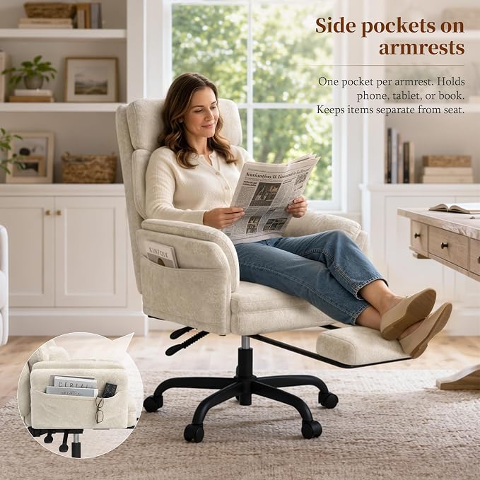 C57 Ergonomic Reclining Office Chair with Footrest, Velvet Desk Chair with 6-Stage Adjustable Wing Armrests for Cross Legged Sitting, Pet Friendly High Back Lounge Gaming Chair for Home Office - Image 5
