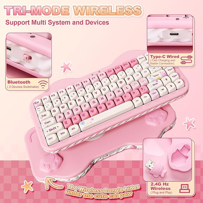 YUNZII C75 Cute 75% Wireless Mechanical Keyboard (Pink, Milk Switch) | Creamy Cake Keyboard, BT5.0/2.4G/USB-C, Hot-Swap, NKRO, PBT MOA Keycaps,5500mAh RGB Gasket Mount for Mac/Win/Gaming/Office - Image 3