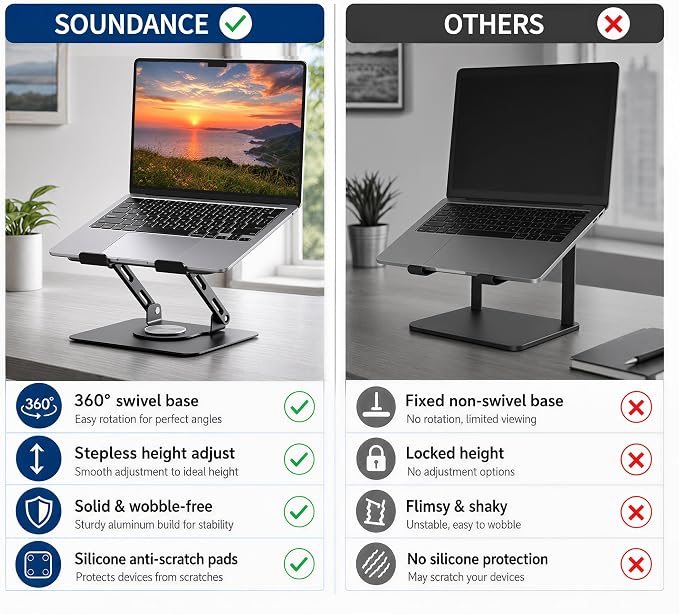 SOUNDANCE 360 Rotating Laptop Stand, Ergonomic Computer Riser for Desk, Adjustable Height Multi-Angle Metal Holder, Foldable Portable Notebook Elevating Base for Office & Home, Black - Image 8
