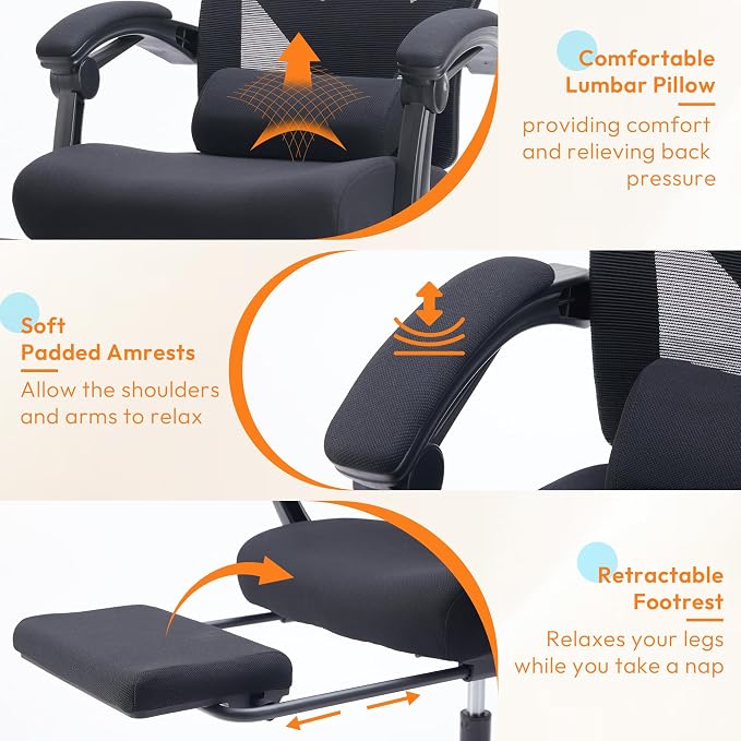 Desk Chair with Foot Rest, High-Back Mesh Office Chair with Wheels, Black | Reclining Gaming Chair with Headrest and Adjustable Lumbar Support, 90°-130° Reclining, for Home Office and Gaming - Image 5