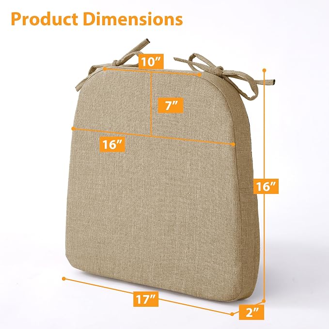 Ruqmuis Chair Cushions for Dining Chairs, 2" Thick Seat Cushions for Kitchen Chairs, D-Shaped Chair Pads with Washable Cover, Ties and Non Slip Backing, 17'' x 16'', Set of 4, Khaki - Image 3