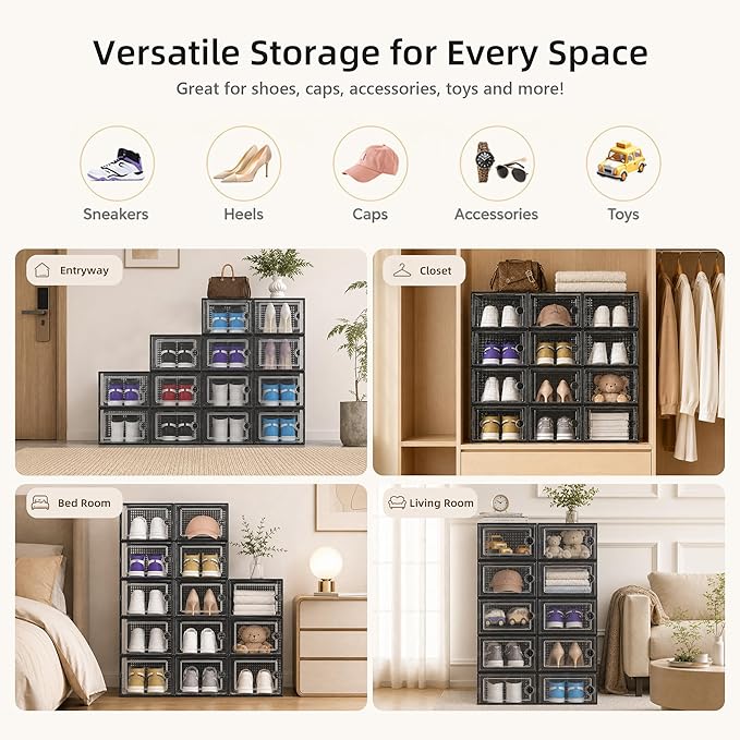 Kuject X-Large Shoe Storage Boxes 12 Pack, Clear Stackable Shoe Organizer | Shoe Case for Closet, Entryway & Under-Bed Storage, Drop-Front Design, Space-Saving Solution for Family Organization,Black - Image 6