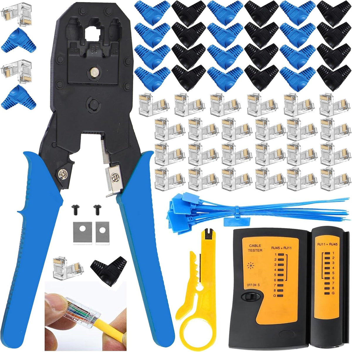 LEATBUY Network Tool Kit Set, Cable Tester Repair Tools Wire Stripping Cutter, Coax Crimper Plug Crimping, Punch Down RJ11 RJ45 Cat5 Cat6 Wire Data Detector Stripper (Orange), DRED-63S by LEATBUY-TECH