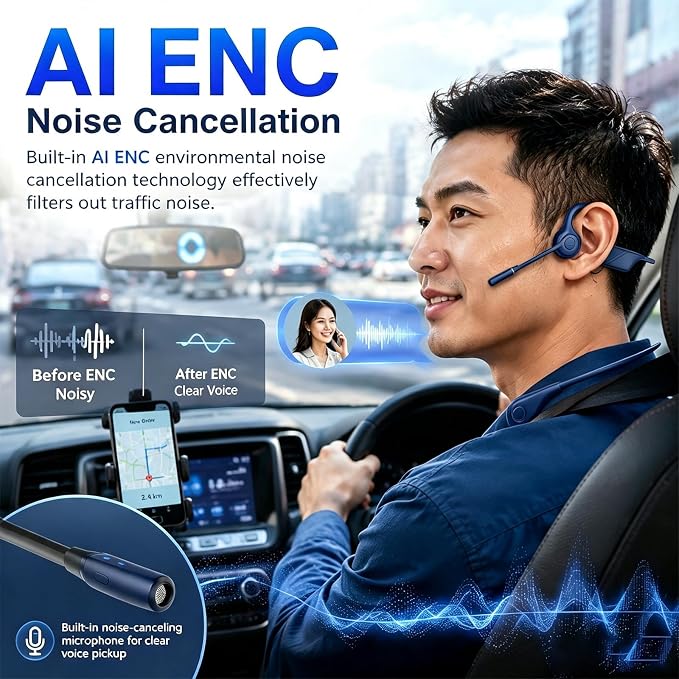 Open-Ear Headphones with Noise-Canceling Mic, Bone Conduction Headphones | AI ENC Noise Cancellation, One-Click Mute, Magnetic Charging, Bluetooth 6.0, Dual Device Connection, for Drivers Learners - Image 2