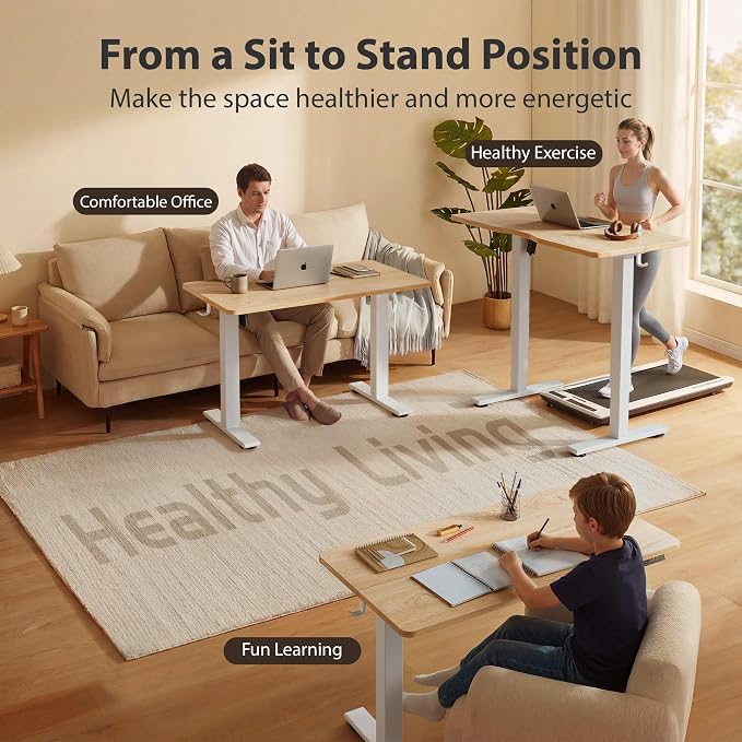 Cubiker Standing Desk, 48x24 Inches Sit Stand Home Office Desk, Electric Stand up Desk, Adjustable Desk with Splice Board, White Frame/Maple Top - Image 2