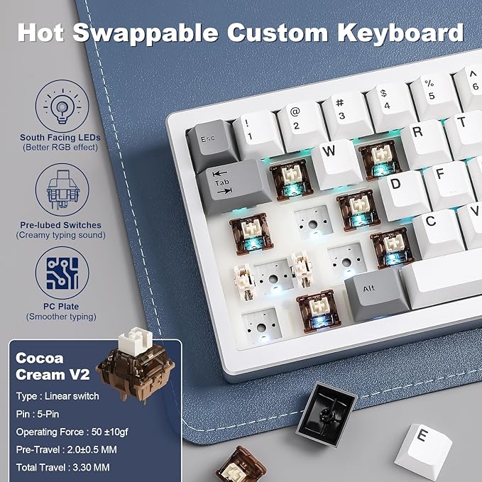 YUNZII AL68 Aluminum Wireless Mechanical Keyboard(Silver,Cocoa Cream V2) | QMK/VIA, Function Knob, Gasket Mount, RGB Backlit, Creamy Pre-lubed Switches, BT/2.4G/USB-C, for Gaming/Mac/Win - Image 5
