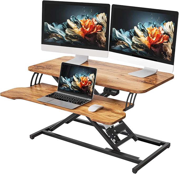 YIHAYO Electric Standing Desk Converter 32 inch, Sit to Stand Up Height Adjustable Desk Riser, Quick Sit to Stand Tabletop Dual Monitor Riser Workstation with Keyboard Tray, Rustic Brown by YIHAYO