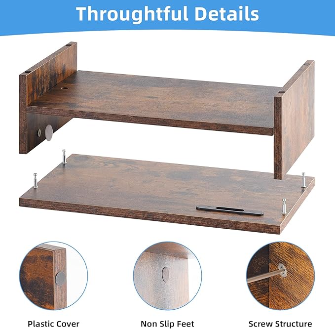 Marbrasse Wood Monitor Stand Riser, Computer Printer Shelf Stand，Vintage | 2 Tier Laptop Computer Screen Storage, Desktop Stand with Phone Holder and Cable Management - Image 3