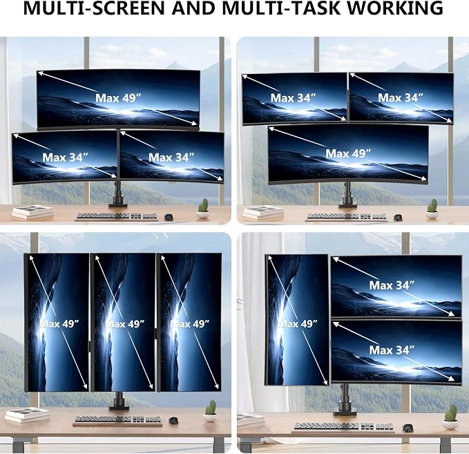 WALI Stacked Triple Monitor Mount for 49" UItrawides and Dual 34" Monitors | Heavy Duty 3 Monitor Arm up to 33 lbs, Full Motion with Tilt, Swivel, Rotation, C-Clamp & Grommet Base, VESA 75/100mm, Black - Image 8