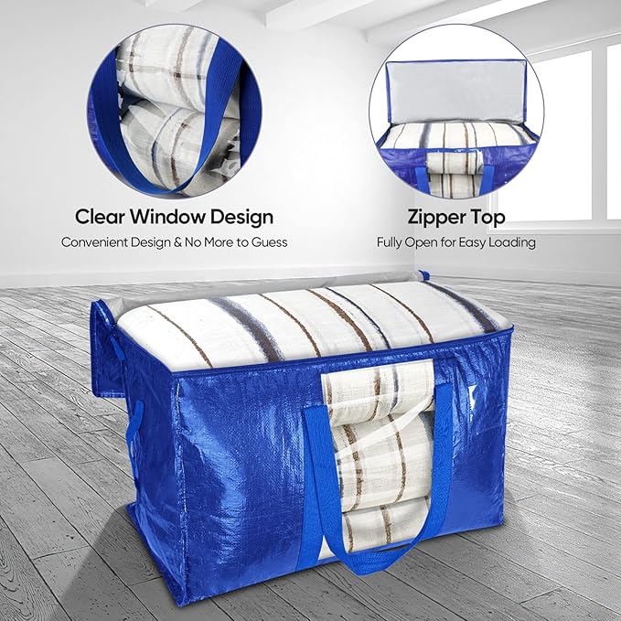 BALEINE 4-Pack Oversized Moving Bags with Reinforced Handles, Heavy-Duty Storage Tote Moving Supplies for Packaging, Camping (Blue w/Window, 4-Pack) - Image 5