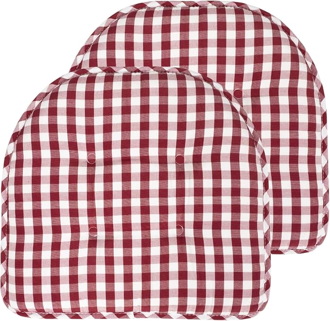 Sweet Home Collection Chair Cushion Memory Foam Pads Tufted Slip Non Skid Rubber Back U-Shaped 17" x 16" Seat Cover, 2 Count (Pack of 1), Checkered Wine/White by SweetHomeCollection
