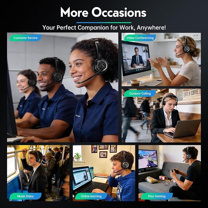 Wireless Headset with Mic for Work, Dual-Mode Headphones 50H Talk | ENC Noise-canceling Microphone, Bluetooth& 2.4GHz Dongle, Clear Calls & Mic Mute, for Laptop, PC, Phone, Office, Call Center - Image 9