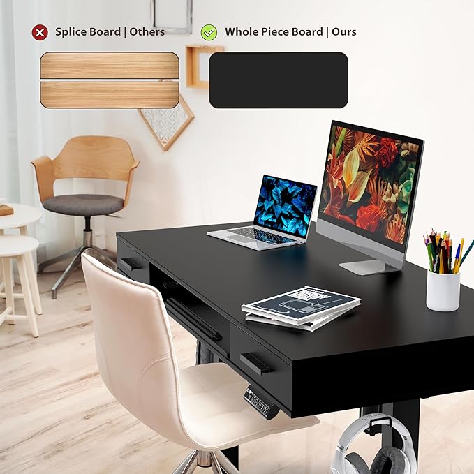 SHW 48-Inch Electric Height Adjustable Desk w/Keyboard Tray, Black | w/ 2 Drawers | Memory Presets and Cable Management | Hanging Hooks - Image 2