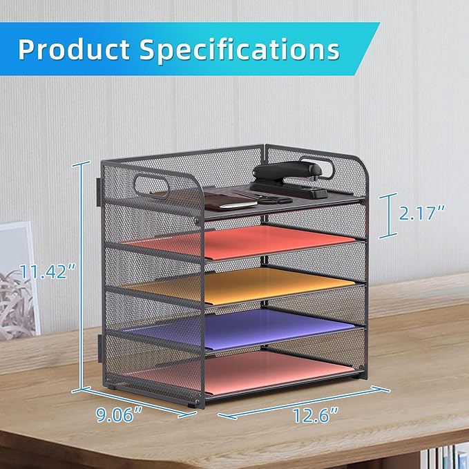 5 Trays Paper Organizer Letter Tray with Handle-Mesh Desk File Organizer, Grey Paper Sorter Desk Organizer for Office, Home or School - Image 6