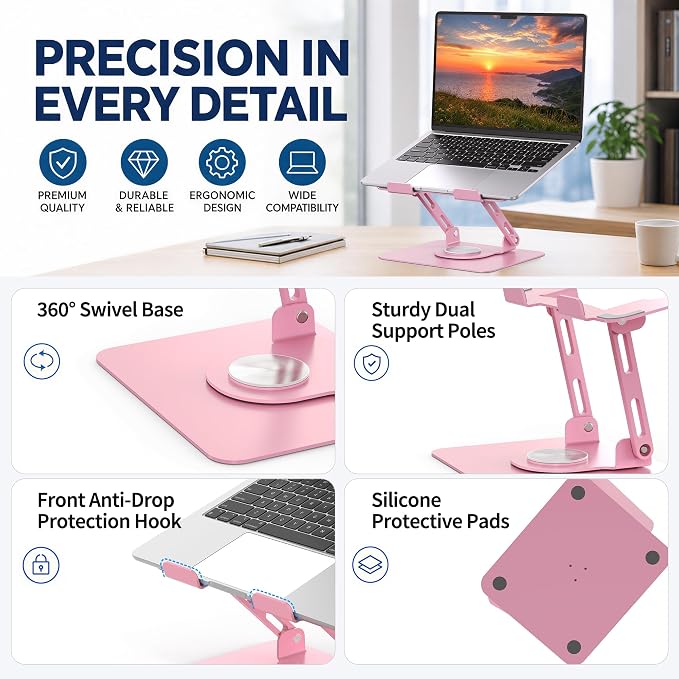 SOUNDANCE 360 Rotating Laptop Stand, Ergonomic Computer Riser for Desk, Adjustable Height Multi-Angle Metal Holder, Foldable Portable Notebook Elevating Base for Office & Home, Pink - Image 9
