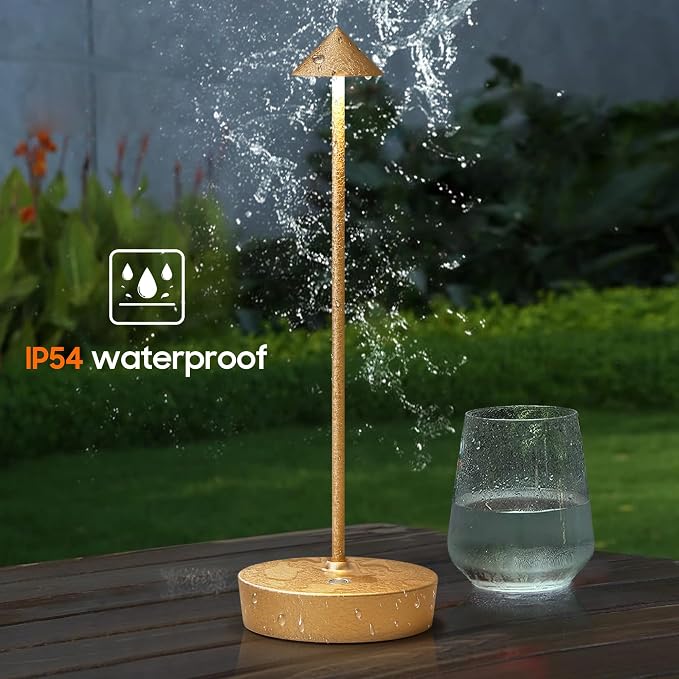 2P Cordless Rechargeable Led Table Lamp Battery Operated Light CHMP Gold | Ice Crackle Finish Champagne Gold Touch 3 Color Dimming Portable Metal Outdoor Waterproof Light for Patio/Restaurant/Dining - Image 5