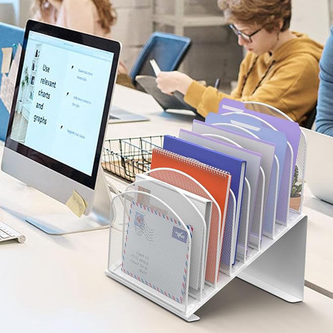 Inclined Desk File Organizer, 8-Section Upright Desk Organizer Standing File Sorter for Office Classroom Desktop Organization (White) - Image 9