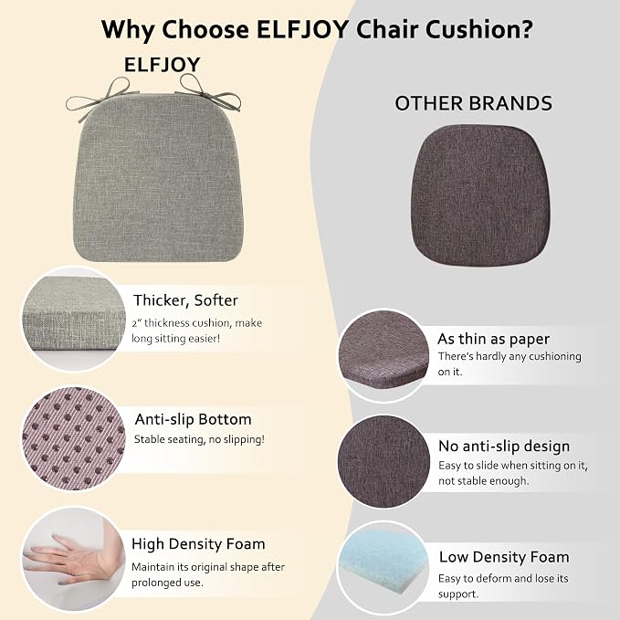 ELFJOY Non-Slip Chair Cushions for Dining Chairs Light Grey 16.7"x16" | 4 Pack, with Ties and Washable Cover, U Shape, Breathable Fabric, for Kitchen Dining Office Folding Chairs，Comfortable - Image 5