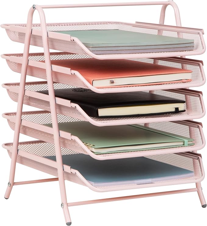 Mind Reader 5-Tier Paper Tray Organizer, Vertical Desktop File Storage Rack, Office, Metal Mesh, Pink by MindReader