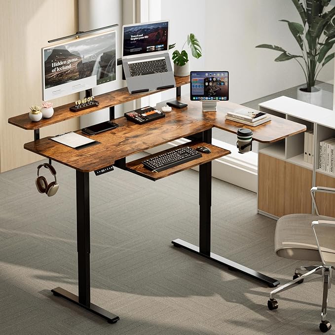 59 Inch L Shaped Standing Desk with Shelves and Keyboard, Electric Corner Standing Desk Adjustable Height, Sit Stand Computer Table with Reversiable Splice Board，Rustic Brown - Image 9