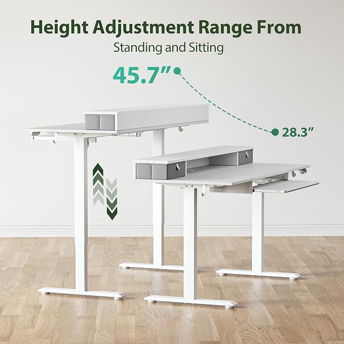 Agilestic 55 Inch Standing Desk with Drawers & Keyboard Tray, White | Electric Height Adjustable, 2 Storage Drawer, Monitor Stand, Sturdy Steel Frame, Memory Presets, Hooks, 154 lbs, Splice Board - Image 6
