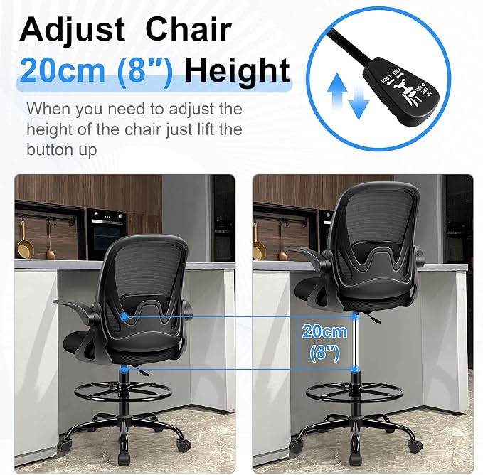 Drafting Chair Tall Office Chair with Flip-up Armrests, Adjustable Height, and Enhanced Lumbar Support - Ergonomic Rolling Stool, Back Support, and Adjustable Foot Rest Ring for Standing Desk Black - Image 6