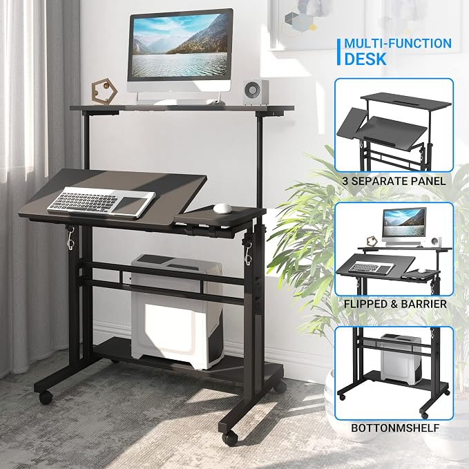 Mobile Standing Desk, Adjustable Rolling Computer Desk with 3 Desktops, Portable Laptop Table with Cup Holder, Home Office Laptop Workstation on Lockable Wheels, Black | Triple desktops, cup holder, lockable wheels, portable workstation, for home office - Image 7