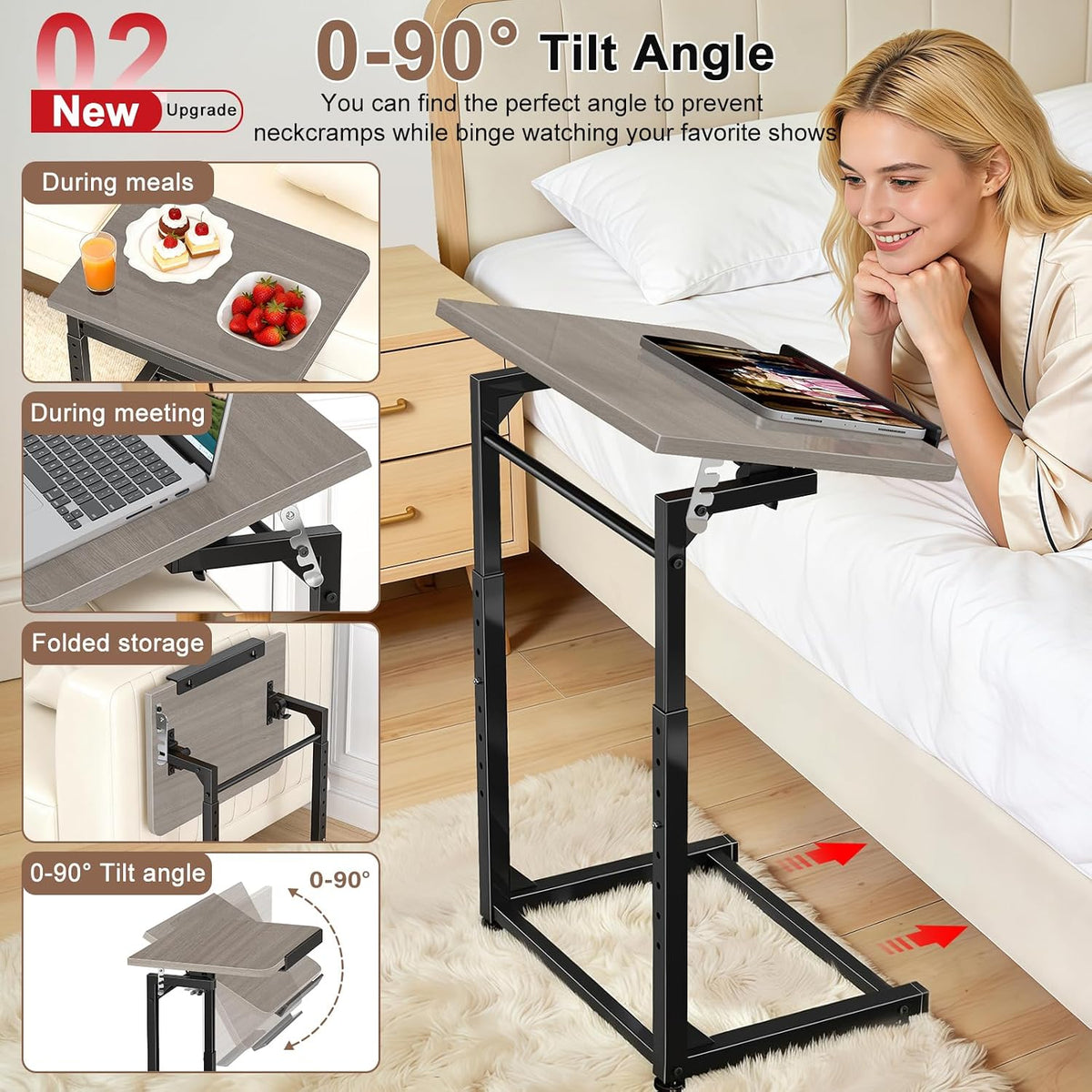 Upgrade Tv Tray Table Set of 2, 8-Level Adjustable Height Couch Side Table, 90° Tilt Angle Foldable C-Shaped End Table with Phone & Tablet Slot for Sofa, Bed, Chair Living Room (Lvory Gray） - Image 4