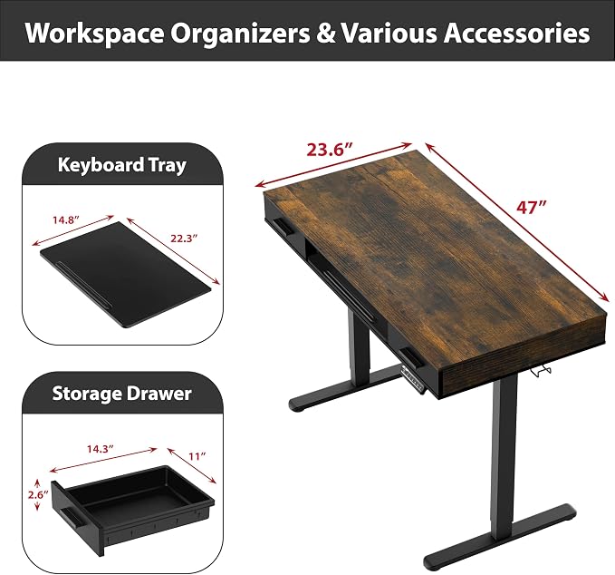 SHW 48-Inch Electric Height Adjustable Desk w/Keyboard Tray, Rustic Brown | w/ 2 Drawers | Memory Presets and Cable Management | Hanging Hooks - Image 3