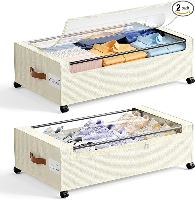 Yecaye 82L Under Bed Storage Containers, Fits 9.4" Under Bed, 2 Pack, Beige | XXL Capacity, 360° Rolling Wheels, Sturdy Metal Frame, Clear Window & Label, Storage Bins for Clothes, Shoes, Blankets by Yecaye