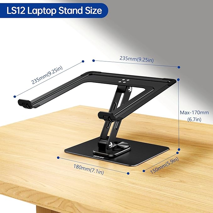 BESIGN LS12 Laptop Stand with 360° Rotating Base, Ergonomic Adjustable Notebook Holder, Computer Riser Stand Compatible with Air, Pro, Dell, HP, Lenovo More 10-14" Laptops (Black) - Image 5