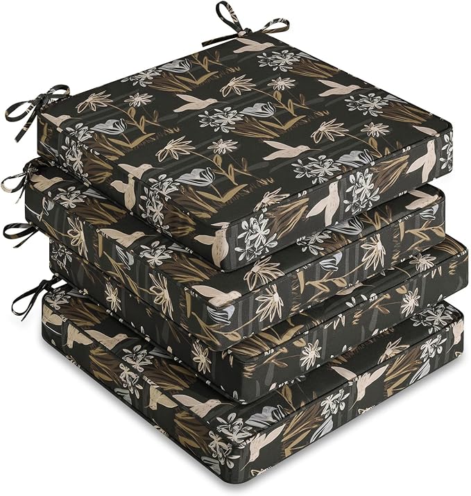 downluxe Outdoor Chair Cushions Set of 4, Waterproof 19" x 19" x 3" Patio Chair Cushion with Non-Slip Ties & Handle, Square Outdoor Cushion for Patio Furniture with Removable Cover, Night Bird by Downluxe
