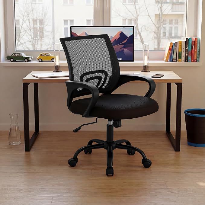 DUMOS Ergonomic Office Chair, Executive Desk Chair with Lumbar Support | Mid Back, Breathable Backrest, Fixed Armrest, Height Adjustable, 360° Swivel, Computer Gaming, Meeting, Black - Image 9