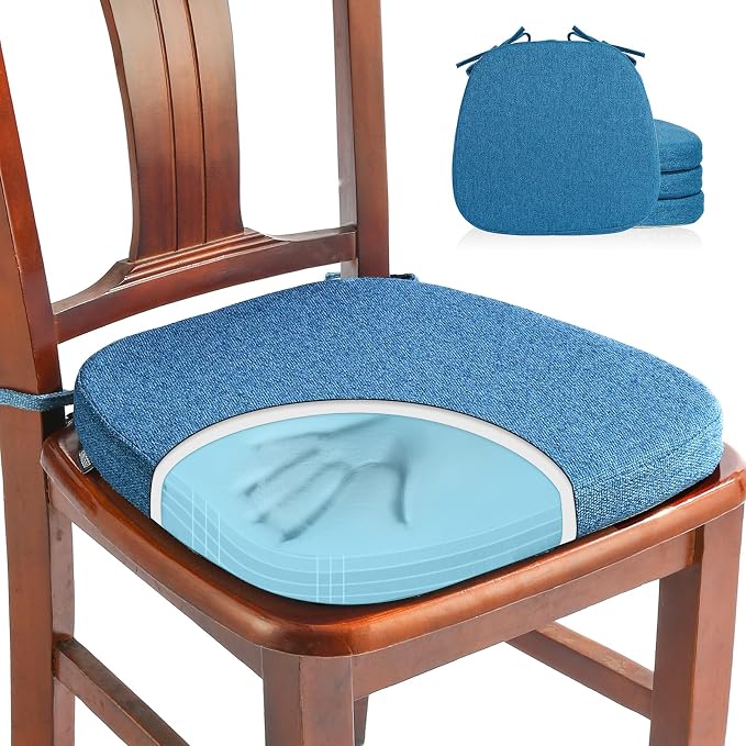 SINOSSO 4 Pack Memory Foam Chair Cushions for Dining Chairs, Friendly Woven Fabric 16" U-Shape Comfortable Kitchen Chair Pads, Removable Slip Resistant Seat Cushions (Set of 4, Blue) by SINOSSO