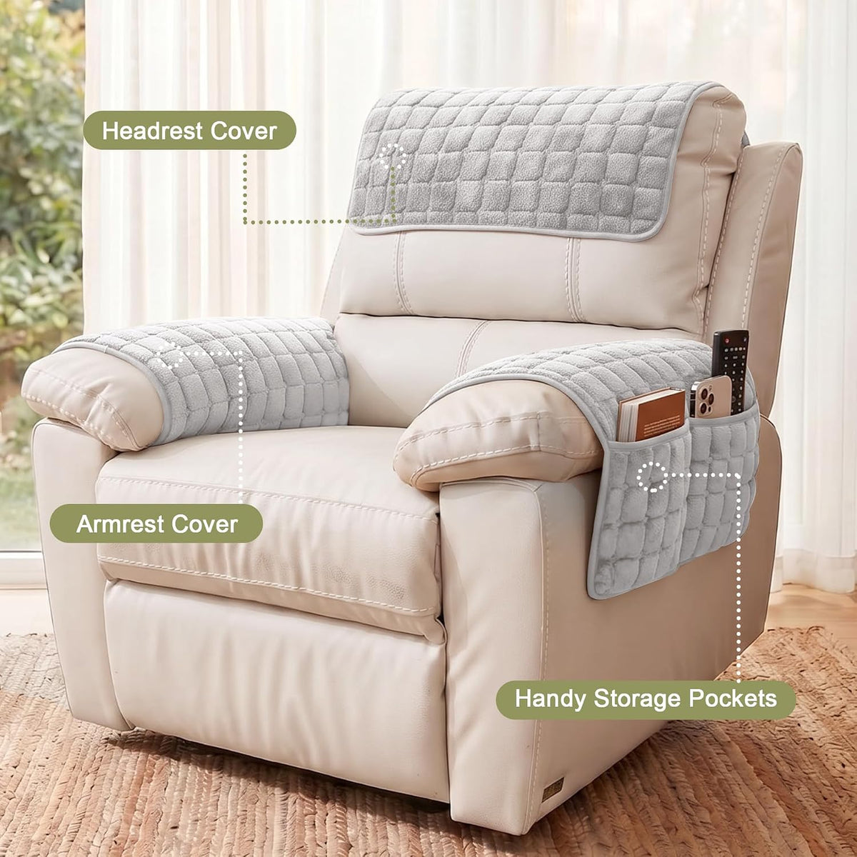 Universal Flannel Recliner & Armchair Covers with Pockets - Image 3