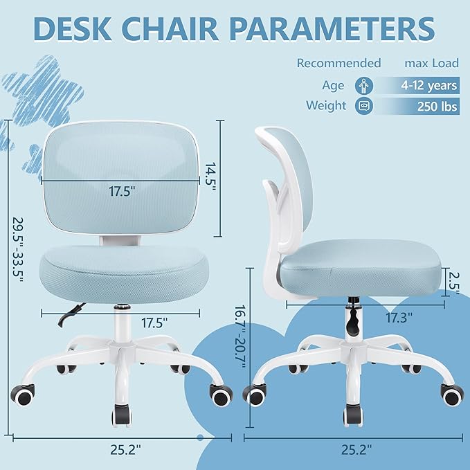 Kids Desk Chair, Pink Study Chair for Boys Girls with Height Adjustable, Swivel Mesh Task Student Chairs for 4-12, Growing Teen Office Chair for Home/School/Office(Light Blue) - Image 2