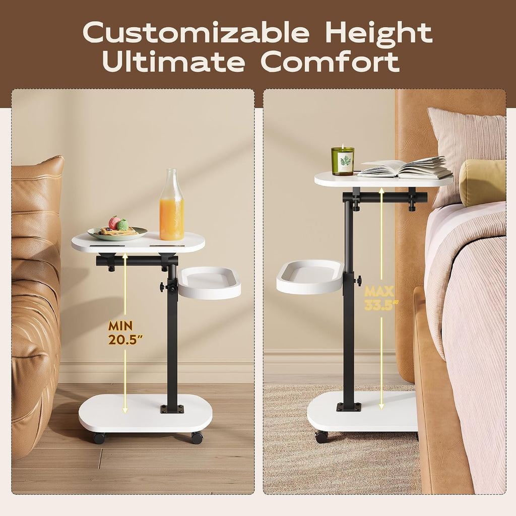 WLIVE C Shaped End Table Adjustable Height 360 Swivel TV Tray Rolling Cup - Image 3